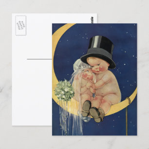 Carte Postale Mariage Vintage, joli marié et femme sur une Lune