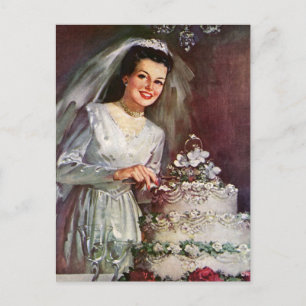 Carte Postale Mariage vintage, Mariée Couper le gâteau Mariage
