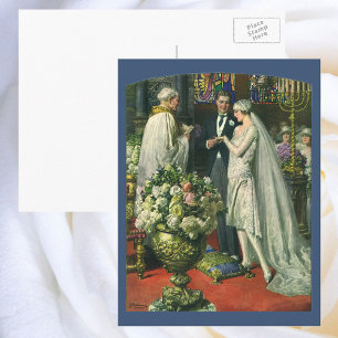 Carte Postale Mariage Vintage, Mariée et Marié avec Ménorah