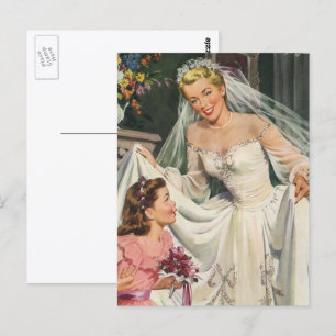 Carte Postale Mariage Vintage, Mariée Rétro avec Fille aux Fleur