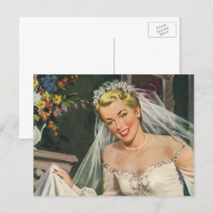 Carte Postale Mariage vintage, Mariée rétro avec Flower Girl