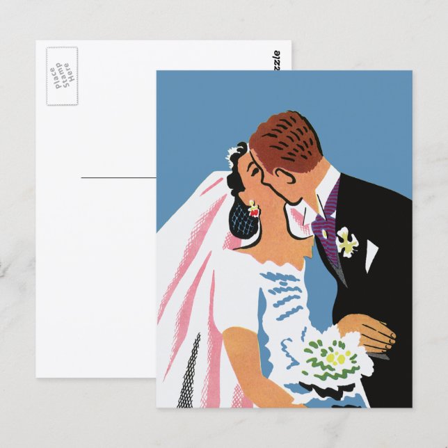 Carte Postale Mariage Vintage, Mariés Rétro s'Embrassant (Devant / Derrière)