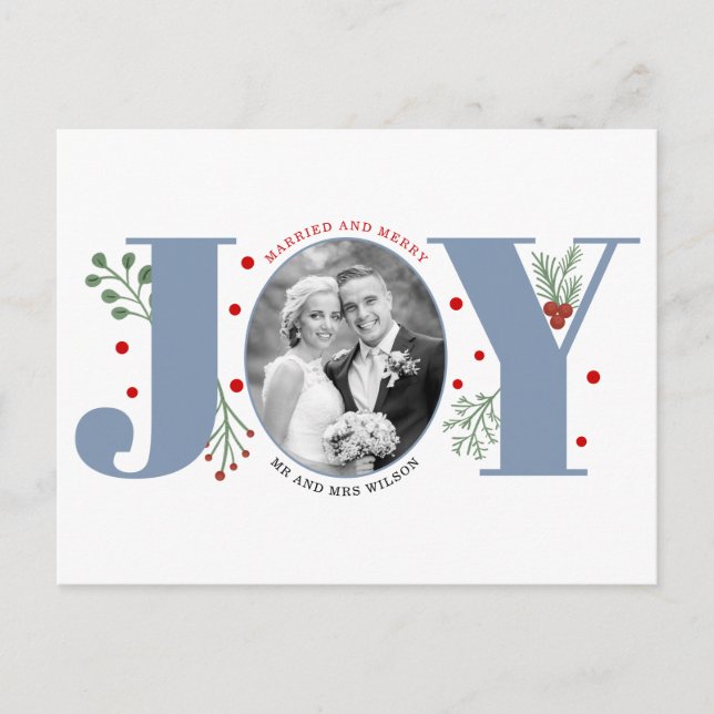 Carte Postale Marié et Joyeux bleu poussiéreux JOY photo de Noël (Devant)