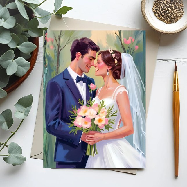 Carte Postale Mariée & Marié | Aquarelle Jeunes Mariés (Créateur téléchargé)