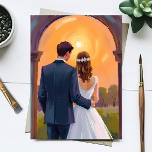 Carte Postale Mariés Heureux Pour Toujours à l'Aquarelle Mariage