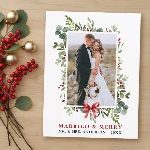 Carte Postale Mariés & Joyeux Aquarelle Verdure Ruban Rouge