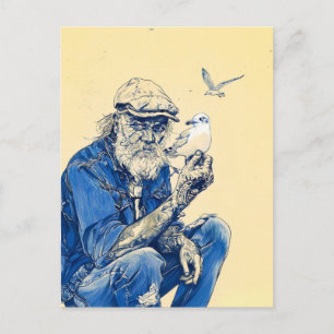 Carte Postale Marin assis calmement entouré de plusieurs oiseaux