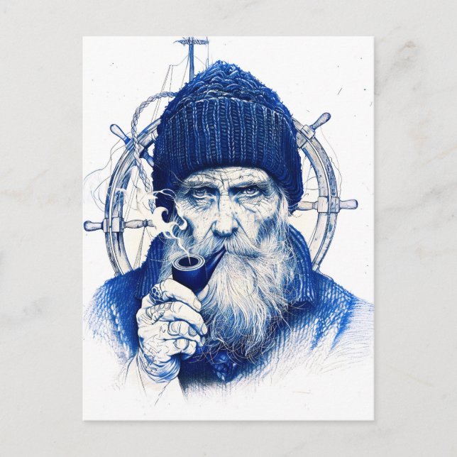 Carte Postale Marin au gouvernail de navire en bois avec pipe (Devant)