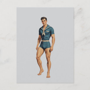 Carte Postale Marin Rétro en Maillot de Bain Bleu Marine
