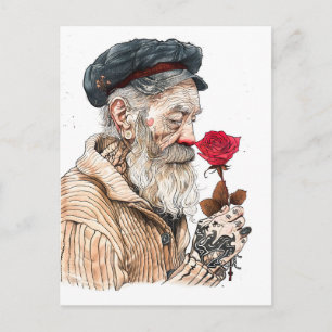 Carte Postale Marin tenant une rose rouge dans un geste romantiq