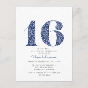 Carte Postale Marine bleu Floral Sweet 16 Anniversaire Invitatio
