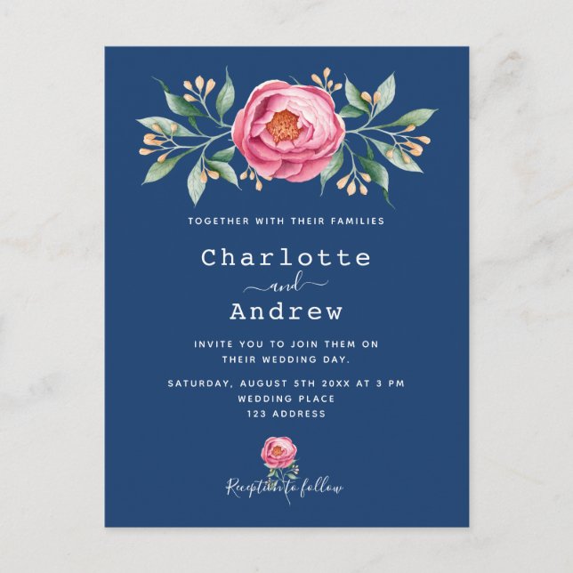 Carte Postale Marine bleu rose rose rose rose rose or mariage fl (Devant)