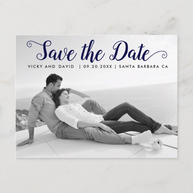 Carte Postale Marine bleu script mariage Enregistrer la photo Da (Devant)