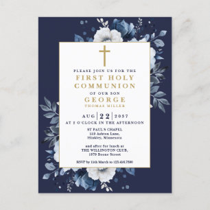 Carte Postale Marine Blue Boho Floral First Holy Communion Invit