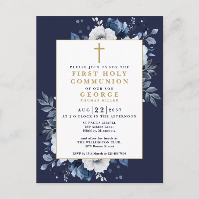 Carte Postale Marine Blue Boho Floral First Holy Communion Invit (Devant)