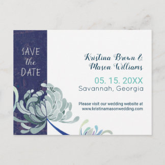 Carte Postale Marine Blue Floral Wedding Enregistrer la date