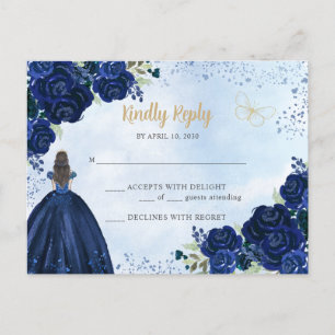 Carte Postale Marine Blue Gold Floral Princesse Quinceañera RSVP