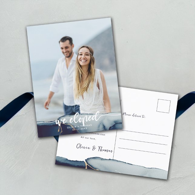 Carte Postale Marine Blue Gold Moderne Photo Elopement Faire-par (navy blue elopement wedding announcement postcard modern minimalist simple watercolor gold elegant)