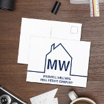 Carte Postale Marine Blue House Real Estate Company Marketing<br><div class="desc">Cette carte postale marketing en monogramme bleu marine est faite sur mesure avec le nom de votre société immobilière sous les initiales de l'agent immobilier en simple typographie. Ce design minimaliste présente un contour simple d'une maison. Cartes postales modernes pour un agent qui travaille à acheter et vendre des maisons....</div>