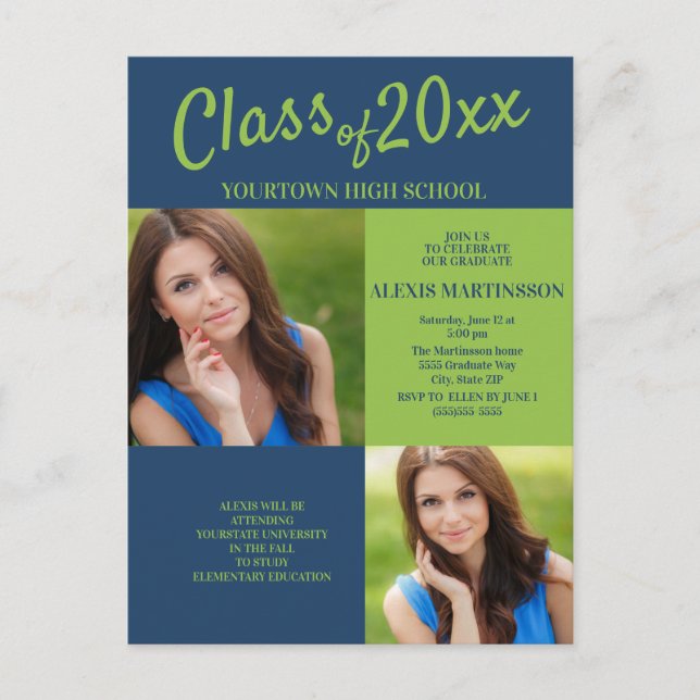 Carte Postale Marine Blue Lime Green Graduation Party Photo Invi (Devant)