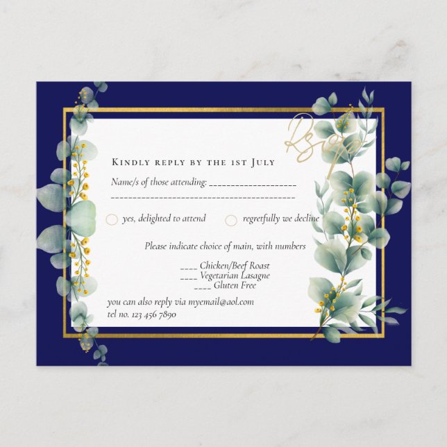 Carte Postale MARINE BLUE OR Vert vert Eucalyptus Mariage RSVP (Devant)