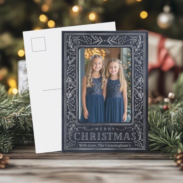 Carte postale Marine et Silver Holiday (Navy and Silver Holly Photo 
Christmas Postcard)