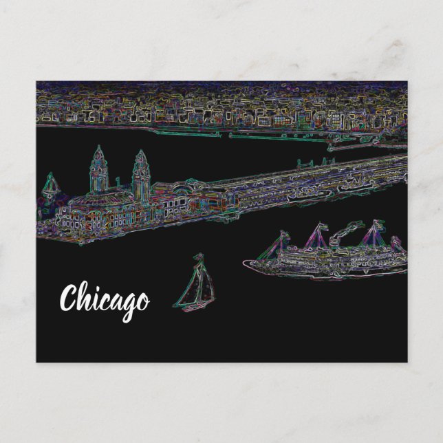 Carte Postale Marine Pier du lac Chicago 1920 NEON Art (Devant)