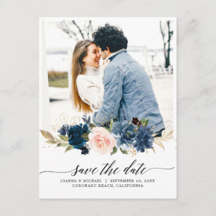 Carte Postale Marine Royal Blue Blush Floral Photo Enregistrer l