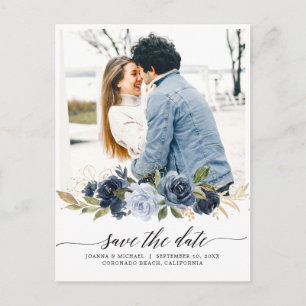 Carte Postale Marine Royal Blue Blush Floral Photo Enregistrer l