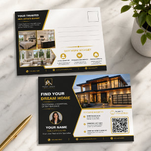 Carte Postale Marketing QR Immobilier Or Noir Luxe