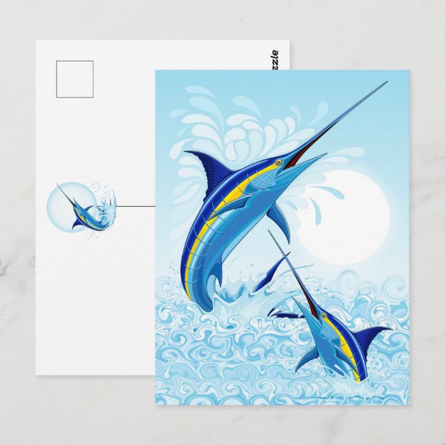Carte Postale Marlin Bleu Jaillissant de l'Océan (Devant / Derrière)