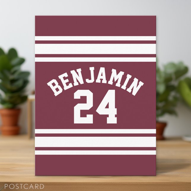 Carte Postale Maroon and White Jersey Stripes Nom personnalisé N (Custom Postcard)