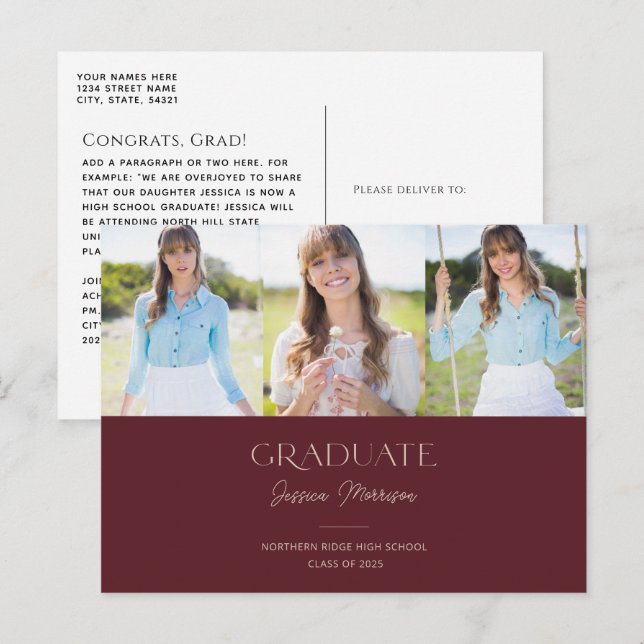 Carte Postale Maroon Graduate Calligraphy Multi Photo Graduate (Devant / Derrière)