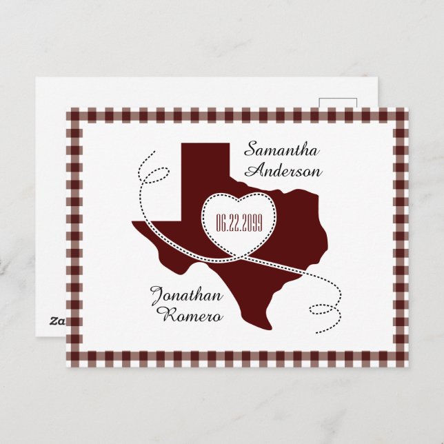 Carte Postale Maroon Texas Curling Ribbon Enregistrer la date (Devant / Derrière)