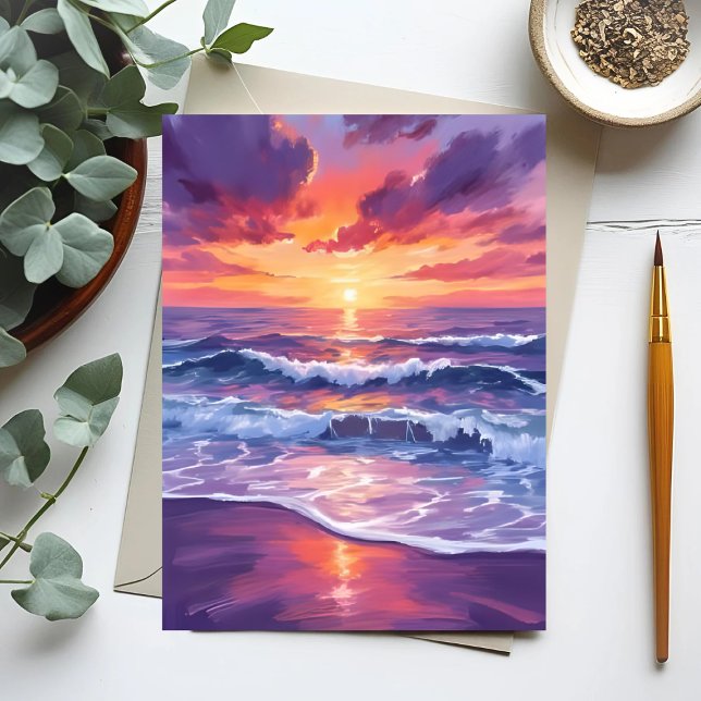 Carte Postale Marque violette | Violet Sunset Ocean Waves Peint (Créateur téléchargé)