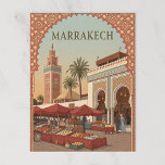 Carte Postale Marrakech Marché et Arches Vintage<br><div class="desc">Arches et marchés d'épices ornés dans les rouges et les dorures du Maroc profond.</div>