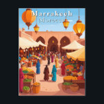 Carte Postale Marrakech Maroc Souk marocain et voyage sur le mar<br><div class="desc">Carte postale de Marrakech montrant un souk marocain coloré avec des étals de marché,  des vendeurs de fruits et des lanternes brillantes. Une carte postale souvenir de voyage parfaite de Marrakech,  Maroc.</div>