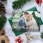 Carte Postale MARRIED & MERRY | rustic wedding announcement<br><div class="desc">card design with a photo of the bride and groom and elegant white brush typography. The text and colors can be personalized.</div>