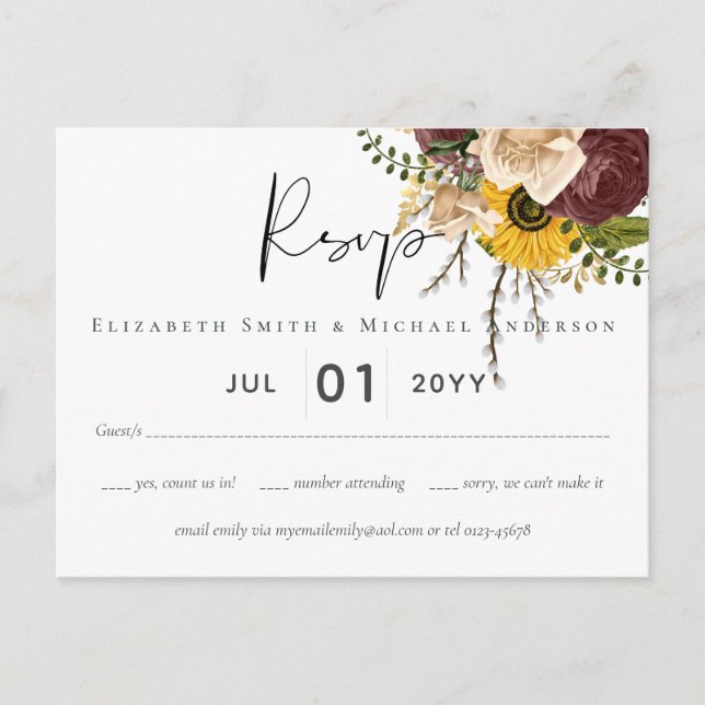 Carte Postale Marsala Roses Sunflowers Budget Mariage pas cher (Devant)