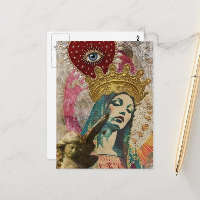 Carte Postale Mary and Angel Mixed Media Collage (Devant/Arrière en situation)