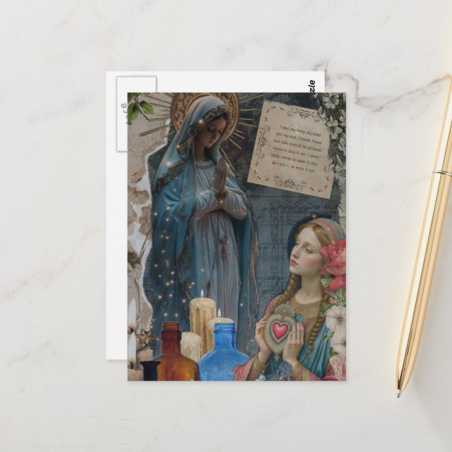 Carte Postale Mary Mixed Media Collage (Devant/Arrière en situation)