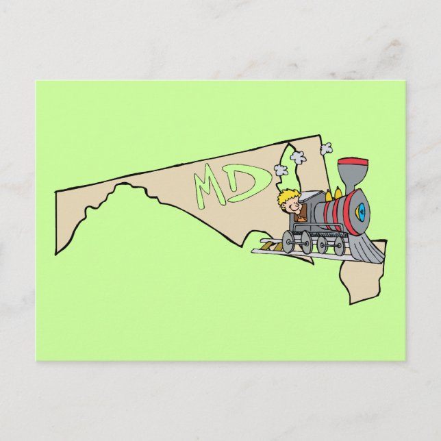 Carte Postale Maryland MD Map & Locomotive Cartoon Art Moto (Devant)