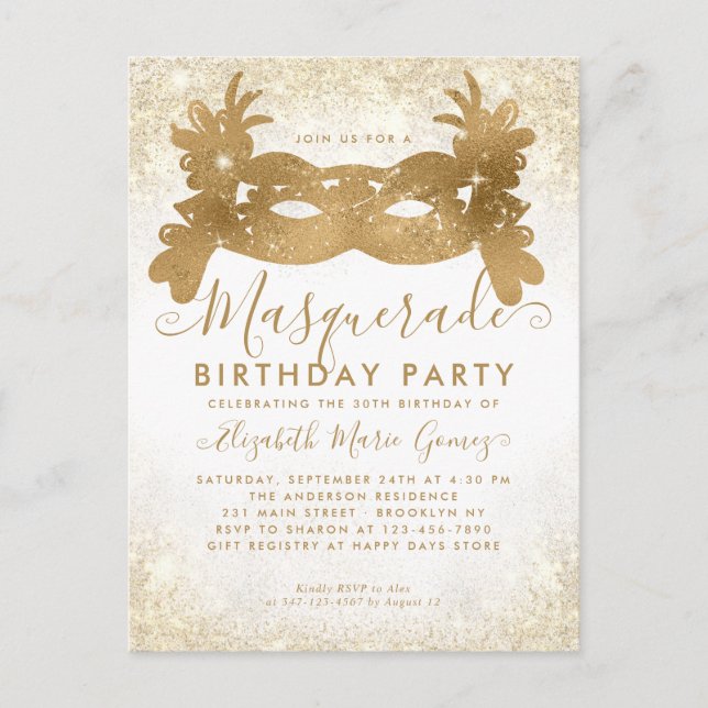 Carte Postale Mascarade Paillettes de Blanc D'or Fête d'Annivers (Devant)