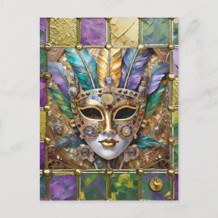 Carte Postale Masque à plumes coloré en céramique et or Mardi Gr