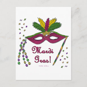 Carte Postale Masque de Mardi Gras Plumes Perles
