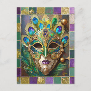 Carte Postale Masque de plumes de paon en céramique or Mardi Gra