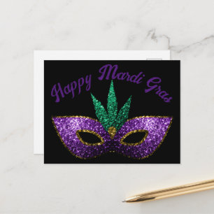 Carte Postale Masque Mardi Gras Violet Vert Paillettes Joyeux