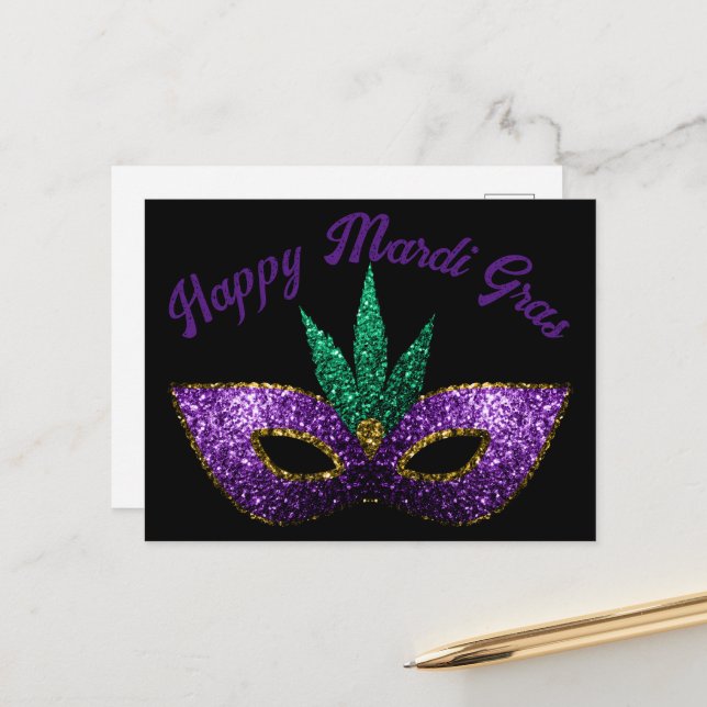 Carte Postale Masque Mardi Gras Violet Vert Paillettes Joyeux (Devant/Arrière en situation)