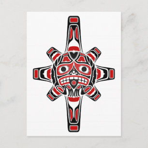 Carte Postale Masque solaire Haida rouge et noir sur fond blanc