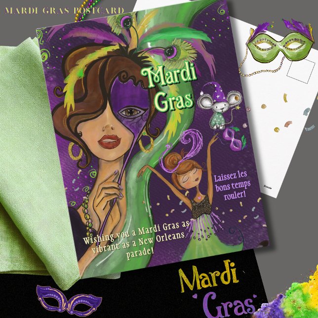 Carte postale masquée vibrante de Mardi Gras (Vibrant Mardi Gras Masquerade Postcard)
